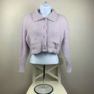 TOPSHOP XS Lilac Knitted Ribbed Polo Cardigan